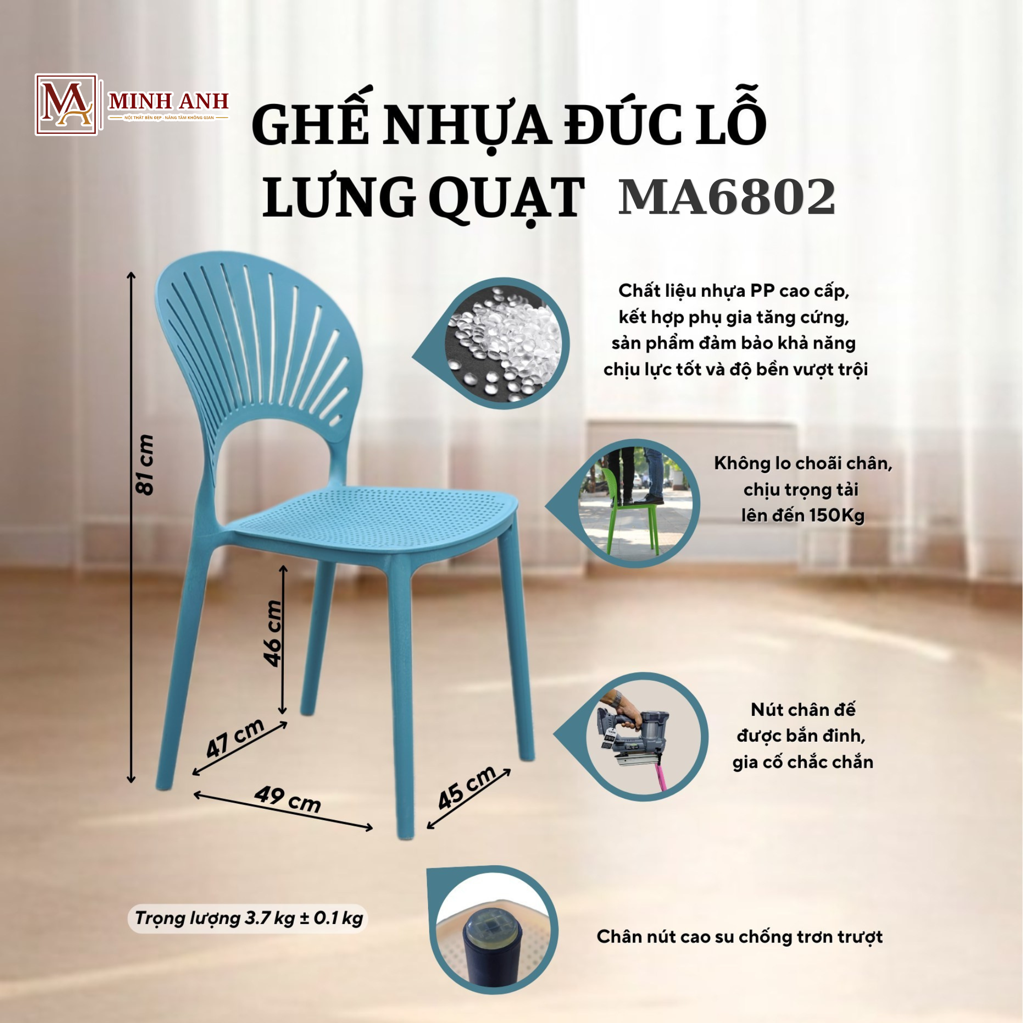 GHẾ NHỰA ĐÚC LỖ LƯNG QUẠT CAO CẤP MA6802 - Ảnh 4