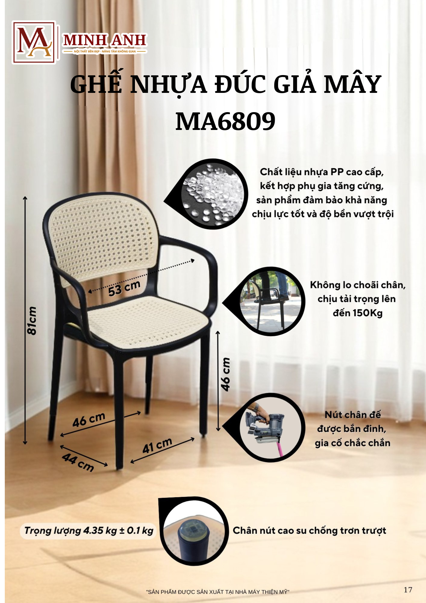 GHẾ NHỰA ĐÚC GIẢ MÂY CÓ TAY VỊN MA6809 - Ảnh 3