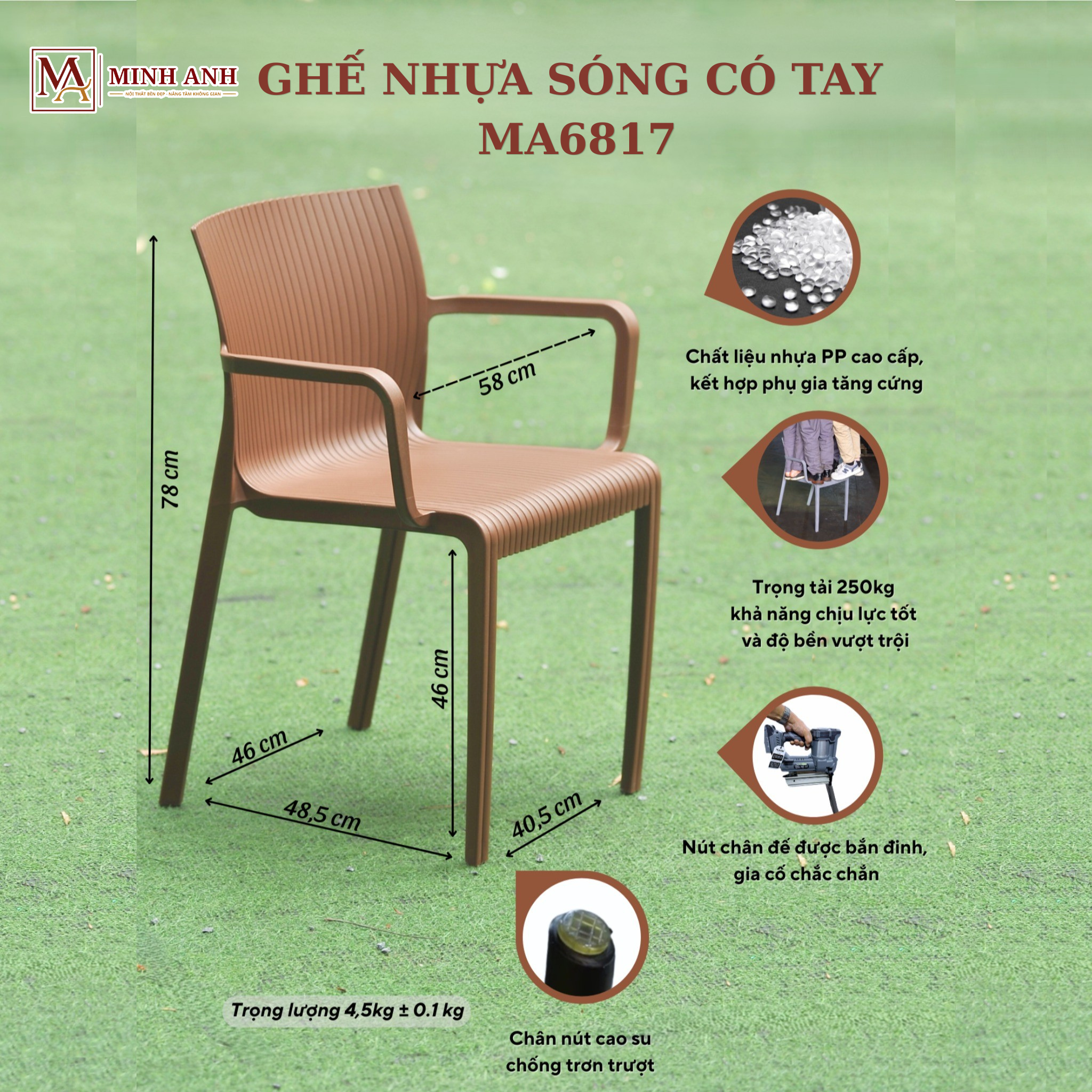 GHẾ NHỰA SÓNG ĐÚC NGUYÊN KHỐI CÓ TAY VỊN MA6817 - Ảnh 2